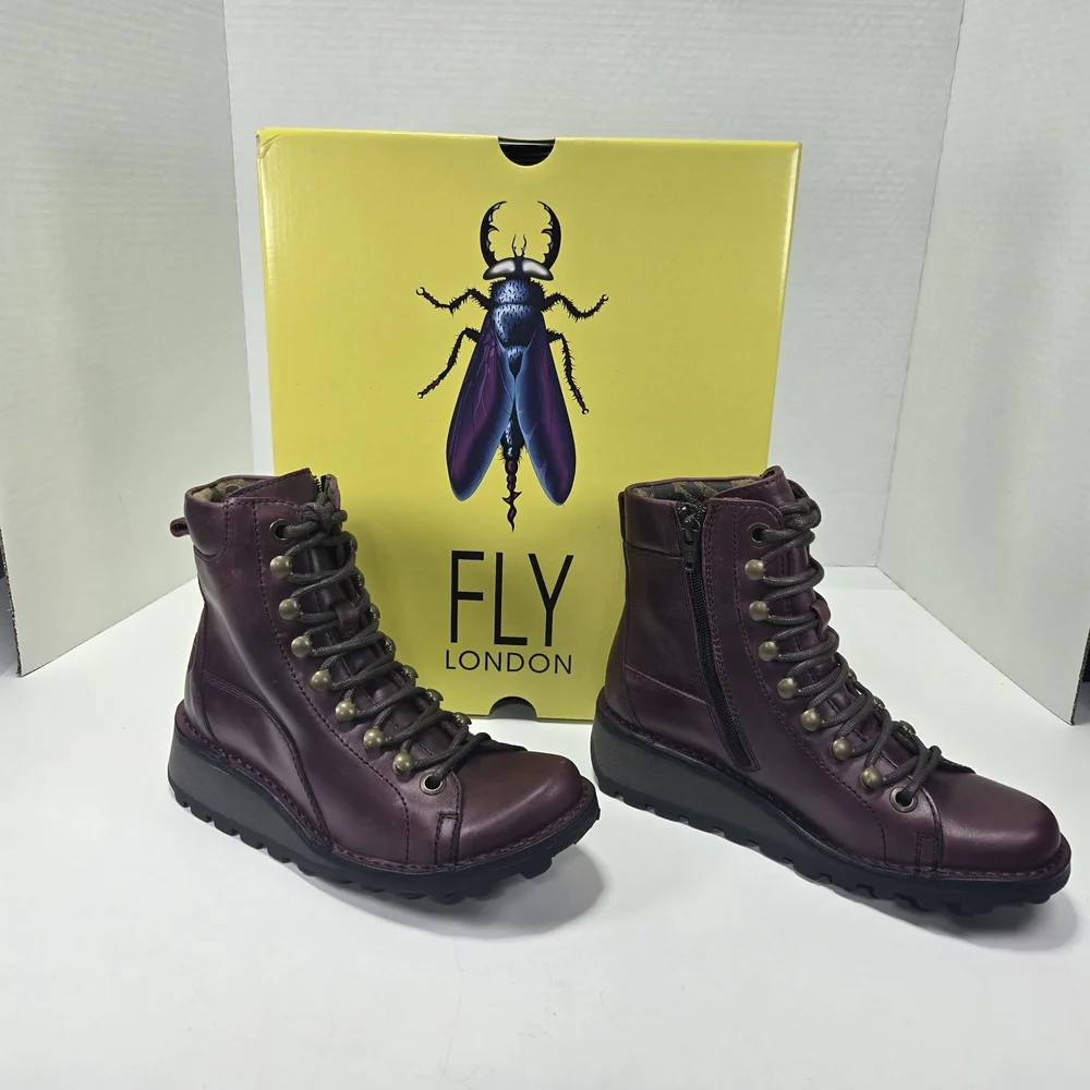 Fly London MALU001FLY Burgundy Purple Combat Hiking Ankle Boots Size EU 35 US 4
